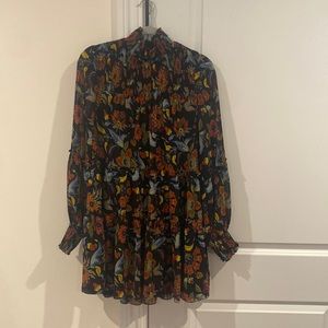cinq a sept Black Floral Mini Dress with Red, Yellow & Blue Accents